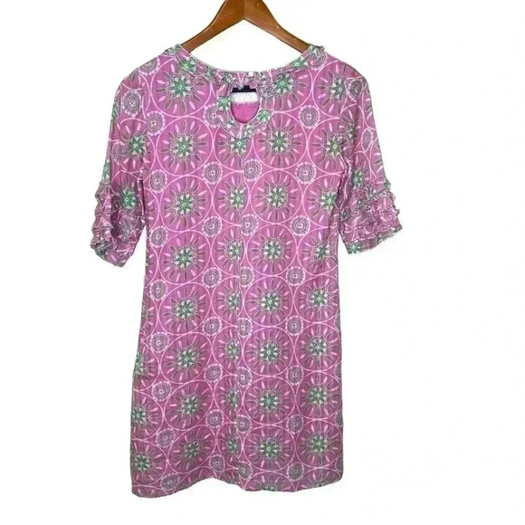 Lilly Pulitzer pink and green silk blend ruffle sleeve mod 60s midi dress size 0 - Picture 2 of 4